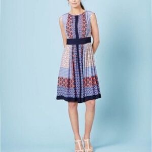 Boden Selina Banded-Waist Dress sz US 10 Pleated Hotchpotch Patchwork Blue Pink